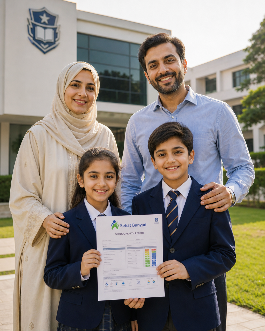 Happy Pakistani family with children in private school uniforms holding Sehat Bunyad health report cards in front of a modern Lahore school