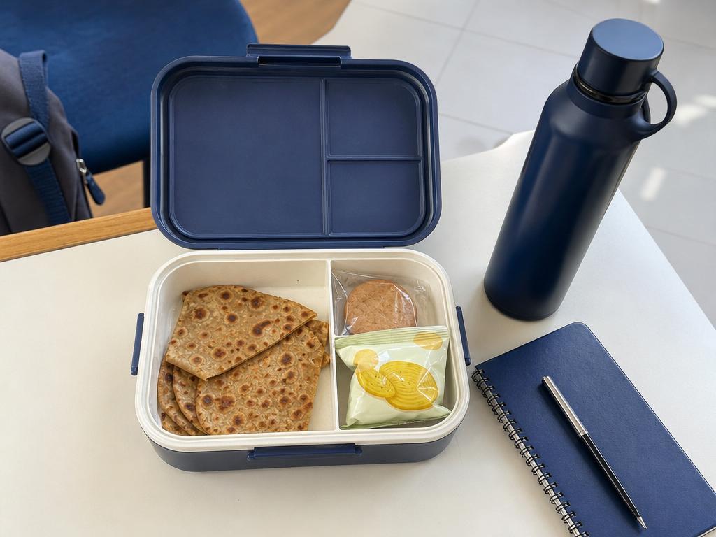 Private school student's lunchbox with paratha, biscuits and chips in a Lahore classroom